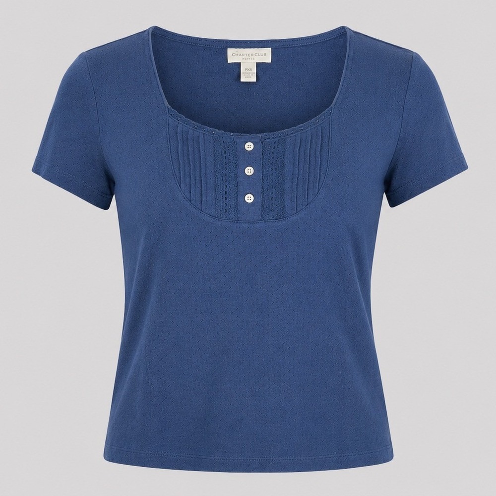 Vintage Charter Club Petite Blue Eyelet Henley Top Women PS Short Sleeve